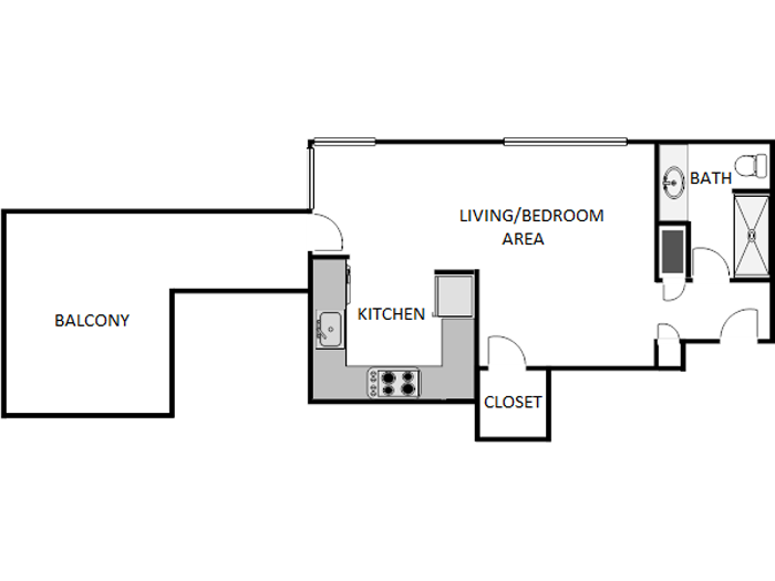 Floor plan for studio, 1 bath, 425 sqft